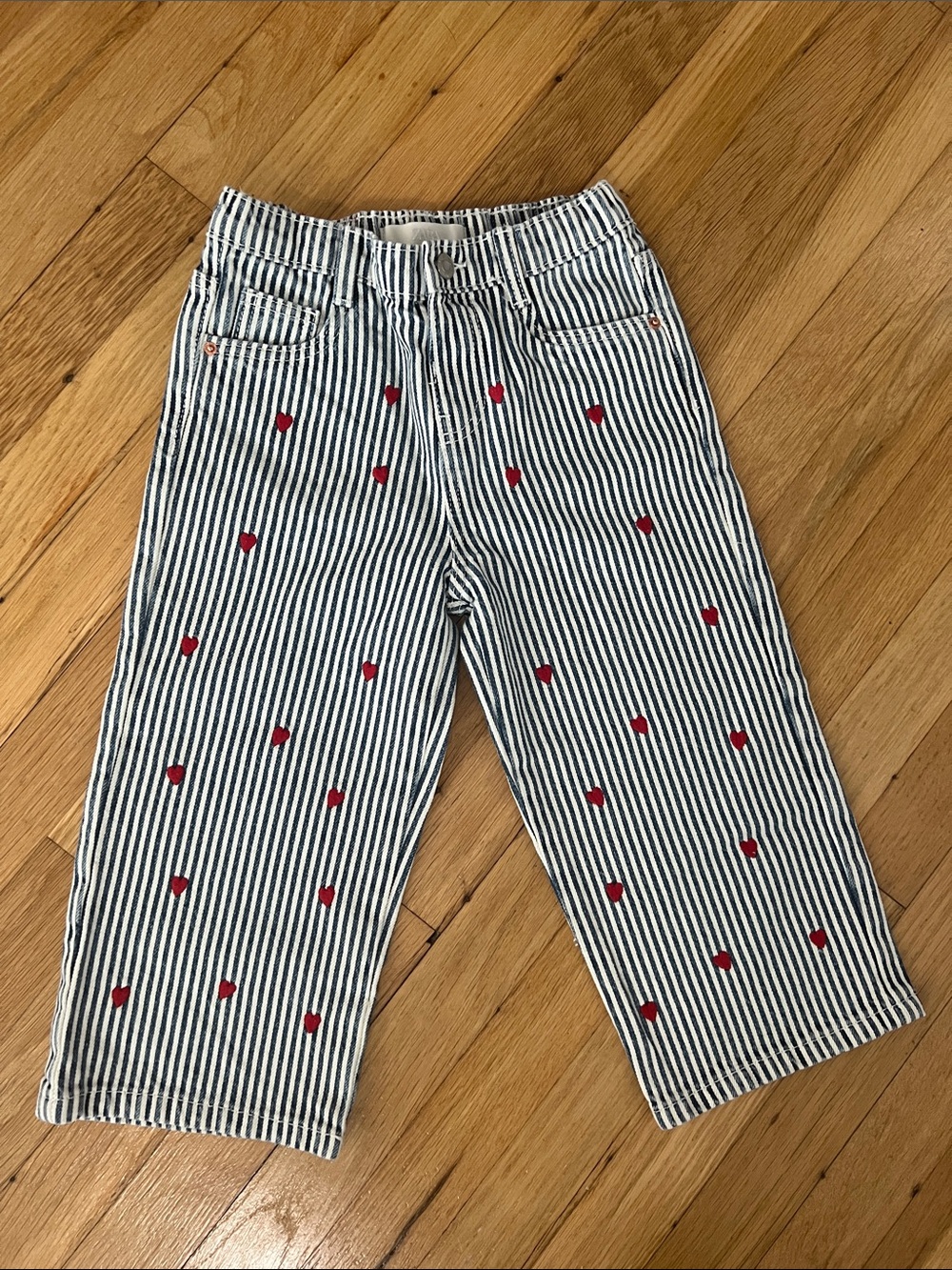 Kids Striped Heart Embroidered Pants - Blue & Red